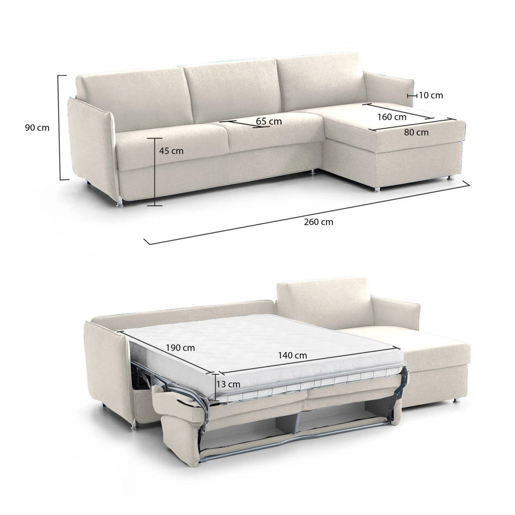Scordia, Divano Letto con Penisola Sfoderabile Made in Italy, 260x160 cm Beige