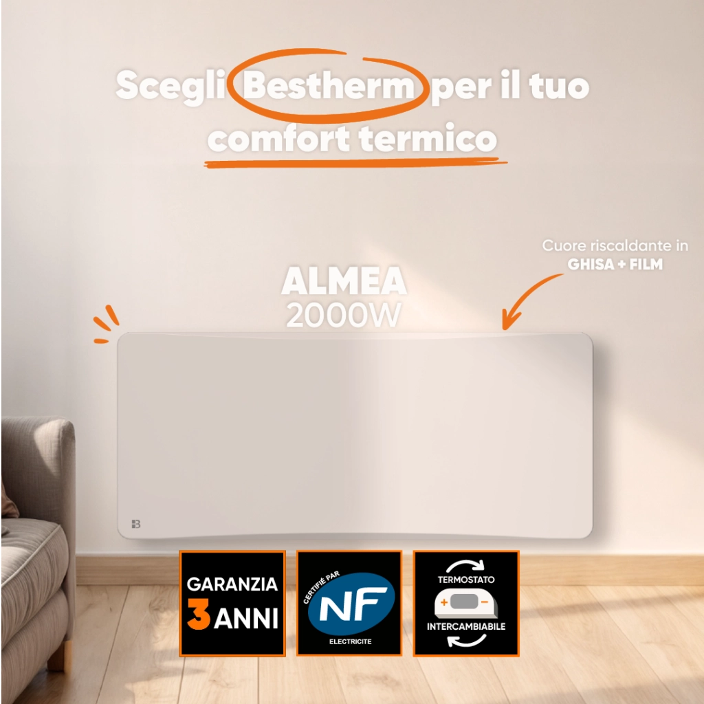 Radiatore elettrico fisso ad inerzia secca ghisa + pellicola + plug & play 2000W ALMEA orizzontale bianco