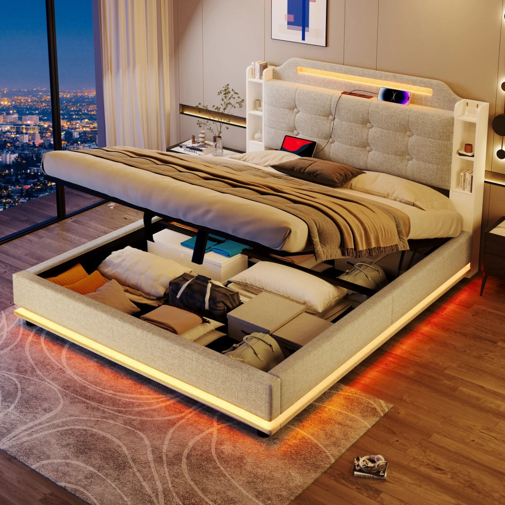 Letto Contenitore 140 x 200 cm - LED; USB; Tipo C e Vani Portaoggetti - Lino - Beige