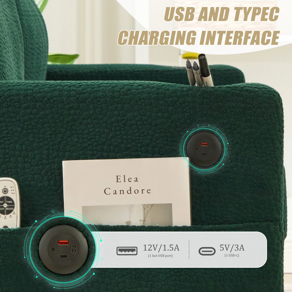 Divano 2 posti da soggiorno con usb c led dimmerabile portabevande e tasche laterali in chenille verde smeraldo