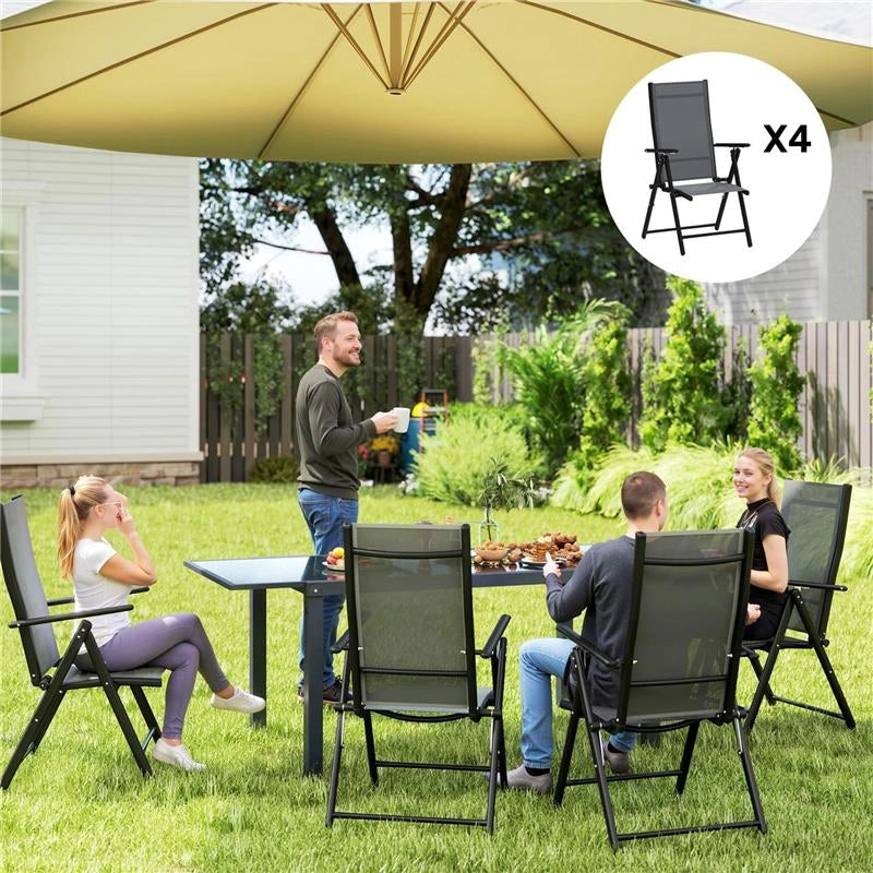 SET 4 SEDIE DA GIARDINO PIEGHEVOLI E TRASPIRANTI CON BRACCIOLI IN ACCIAIO E POLIESTERE 56X69X106 CM GRIGIO