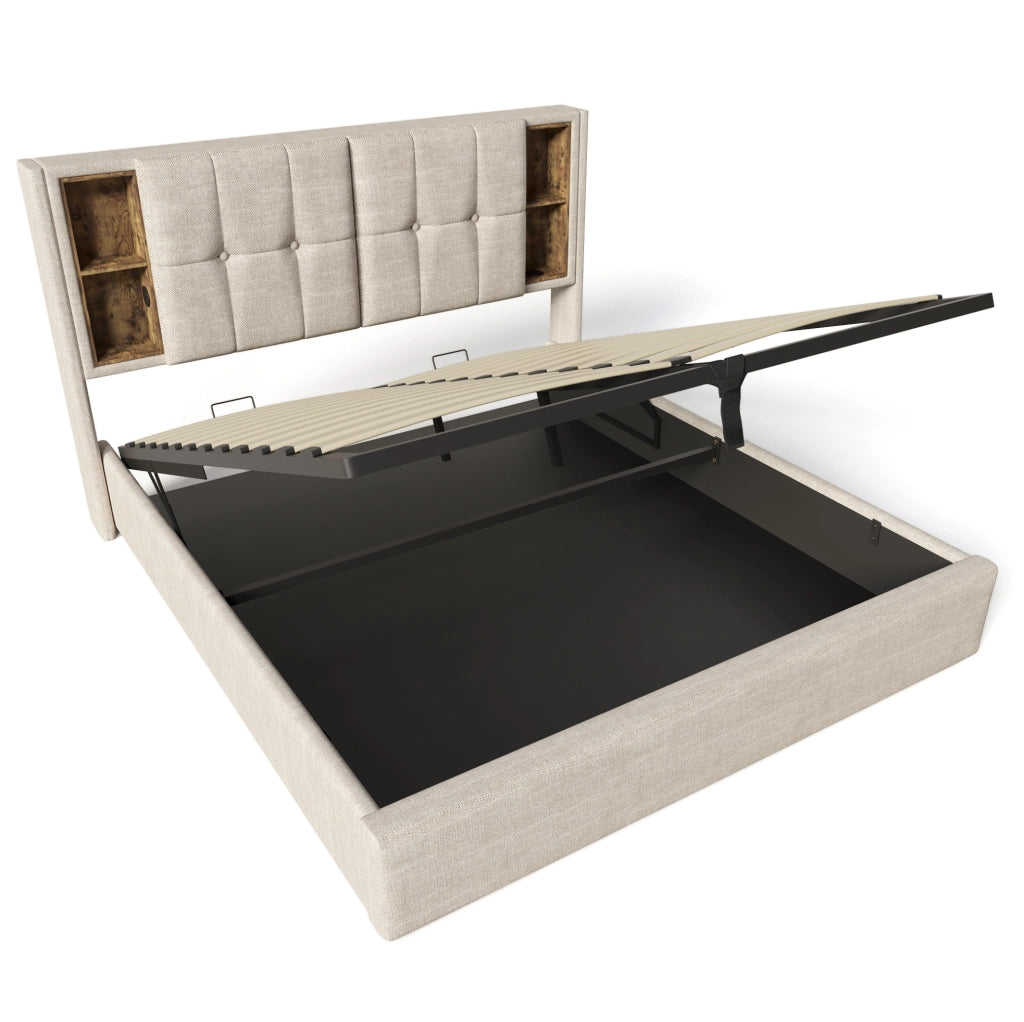 Letto matrimoniale imbottito 140x200 cm in lino naturale con ricarica wireless; USB e contenitore