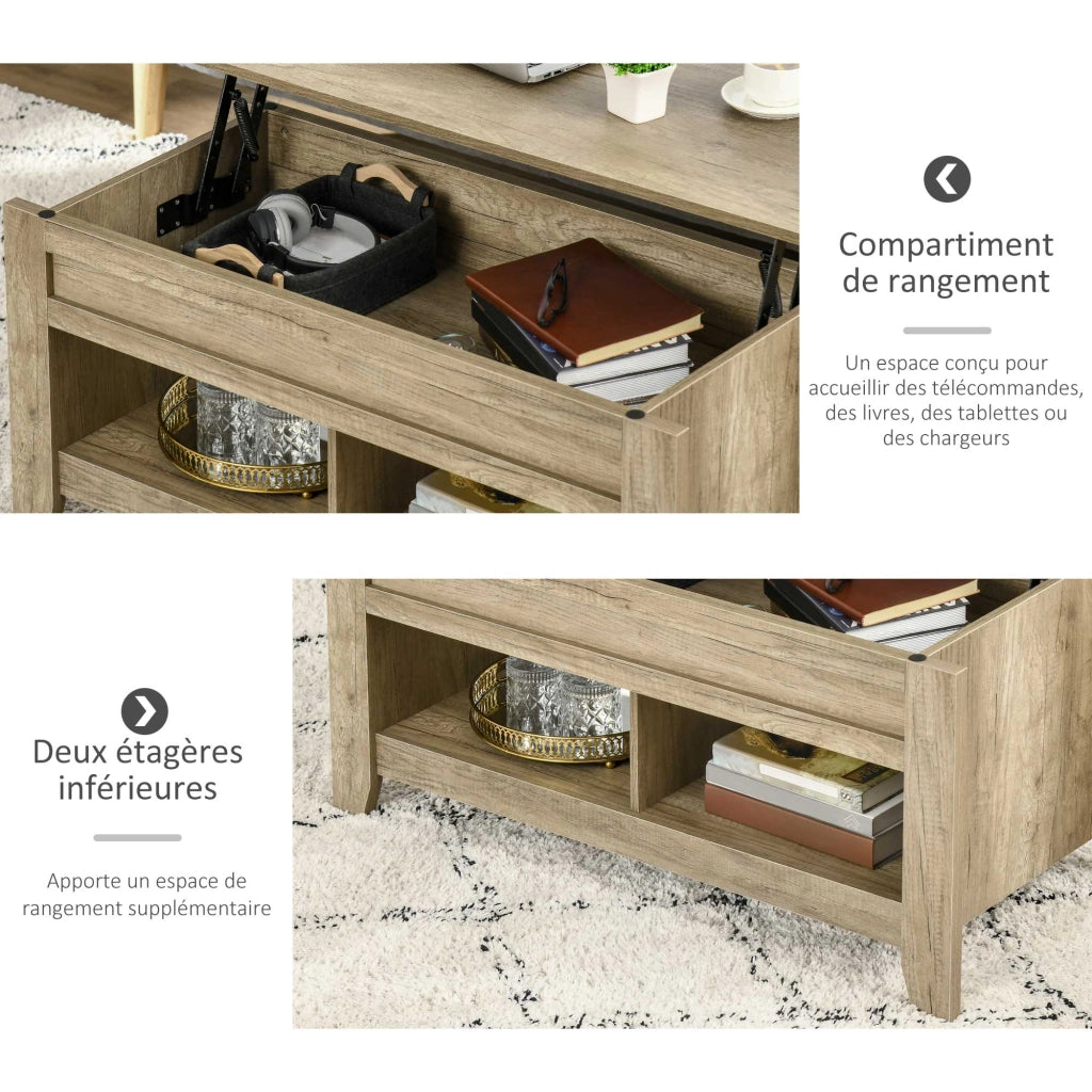 Tavolino da salotto con ripiano sollevabile e ripiani nascosti ¨C zephmum ¨C effetto quercia chiaro 105x50x49-62.5 cm