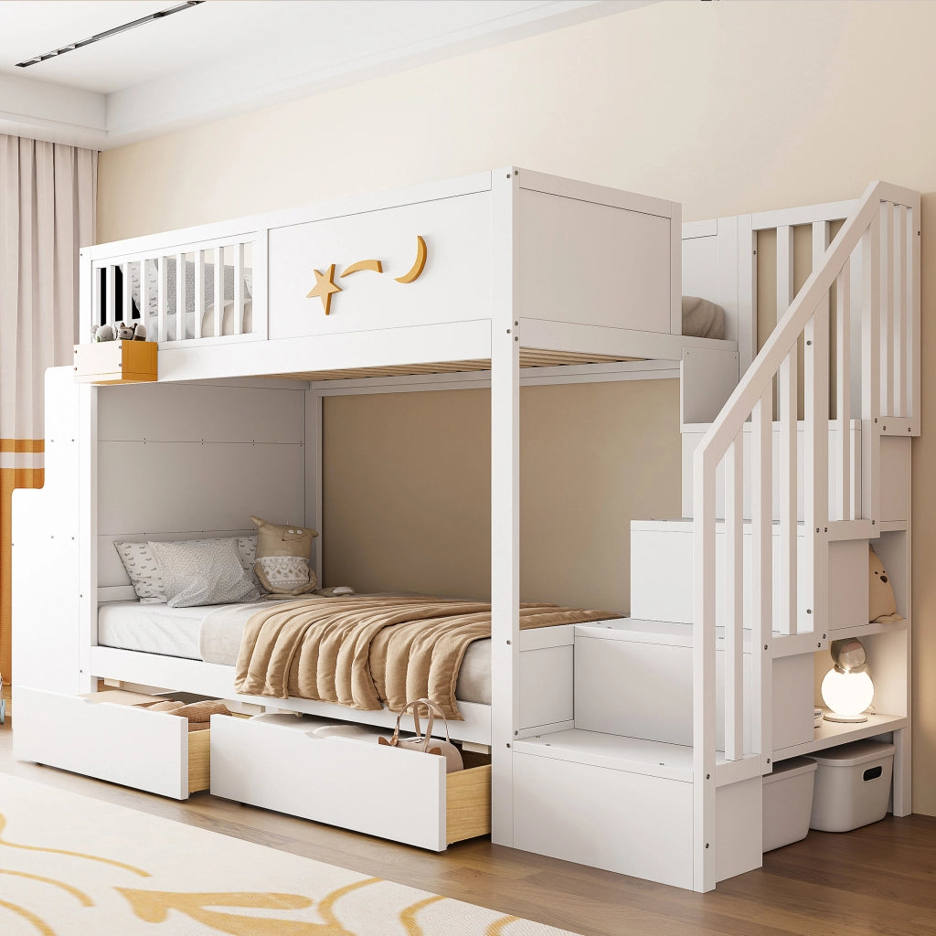 LETTO a castello 90x200 cm in legno massello di pino bianco con scrivania e scala