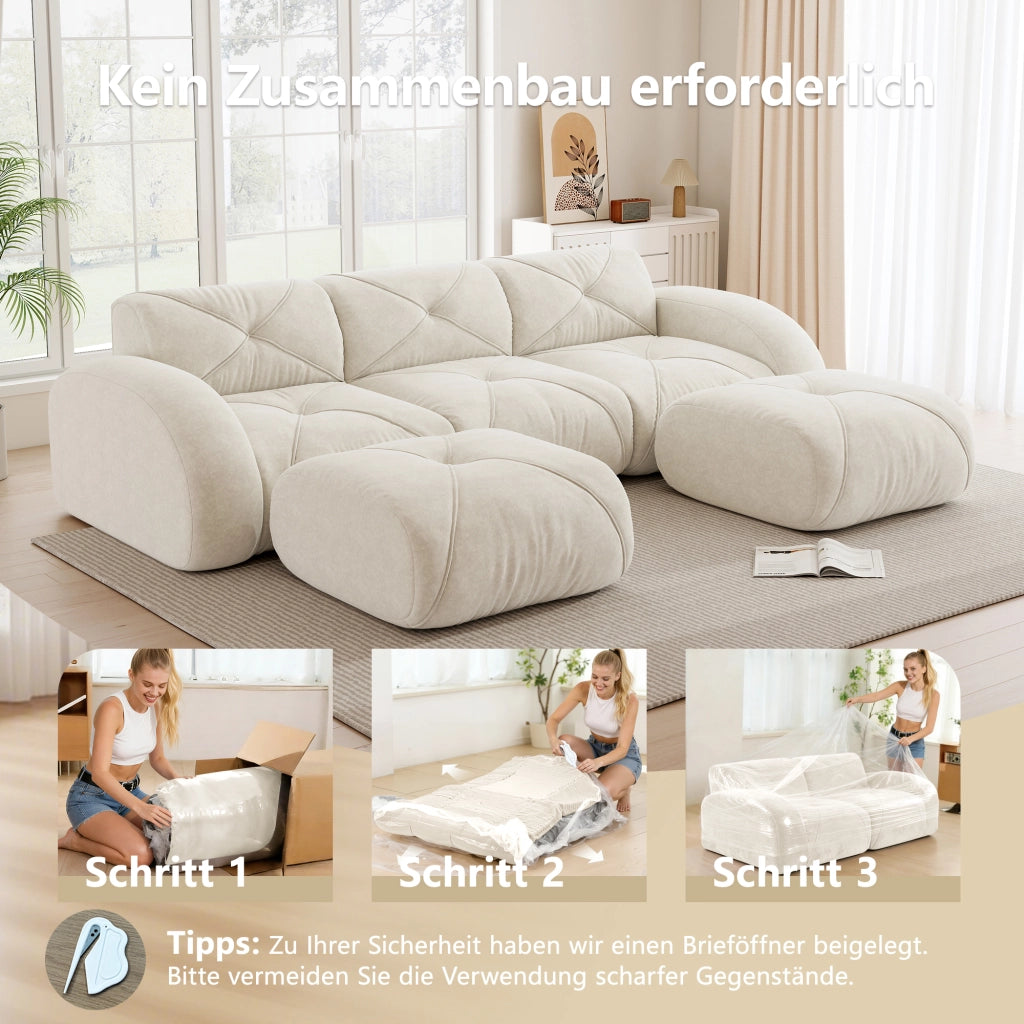 Divano panoramico a U modulare 3 posti senza telaio con 2 pouf in ciniglia beige chiaro 281 × 171 × 76 cm
