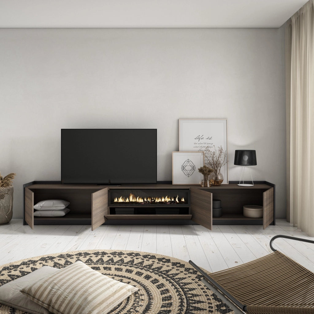 Mobile TV Soggiorno, 310x50x37 cm, Per TV fino a 80", Camino elettrico, Rovere scuro e Nero