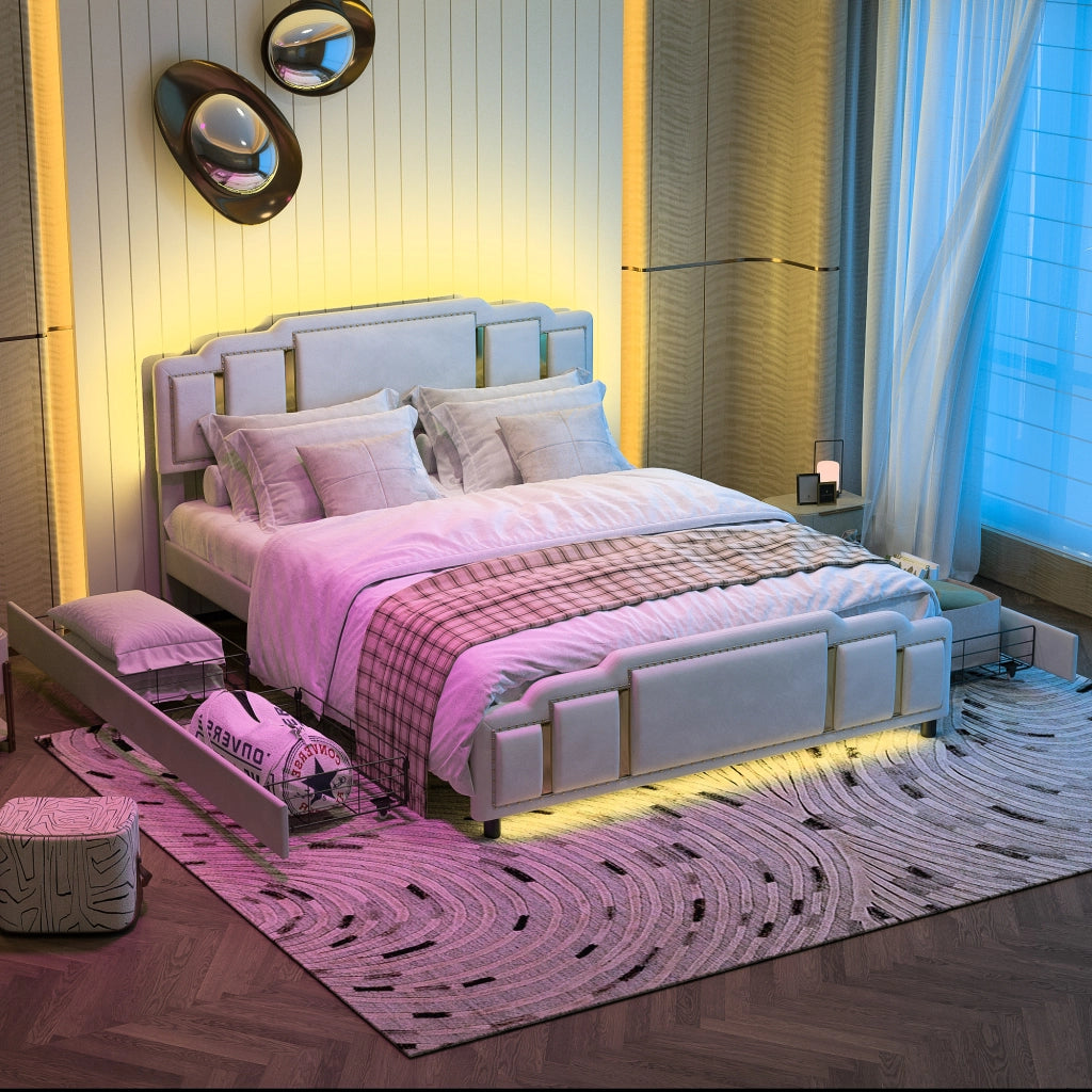 Letto con cassetti 160 × 200 cm con illuminazione LED a 7 colori, 4 cassetti, senza materasso, in velluto beige