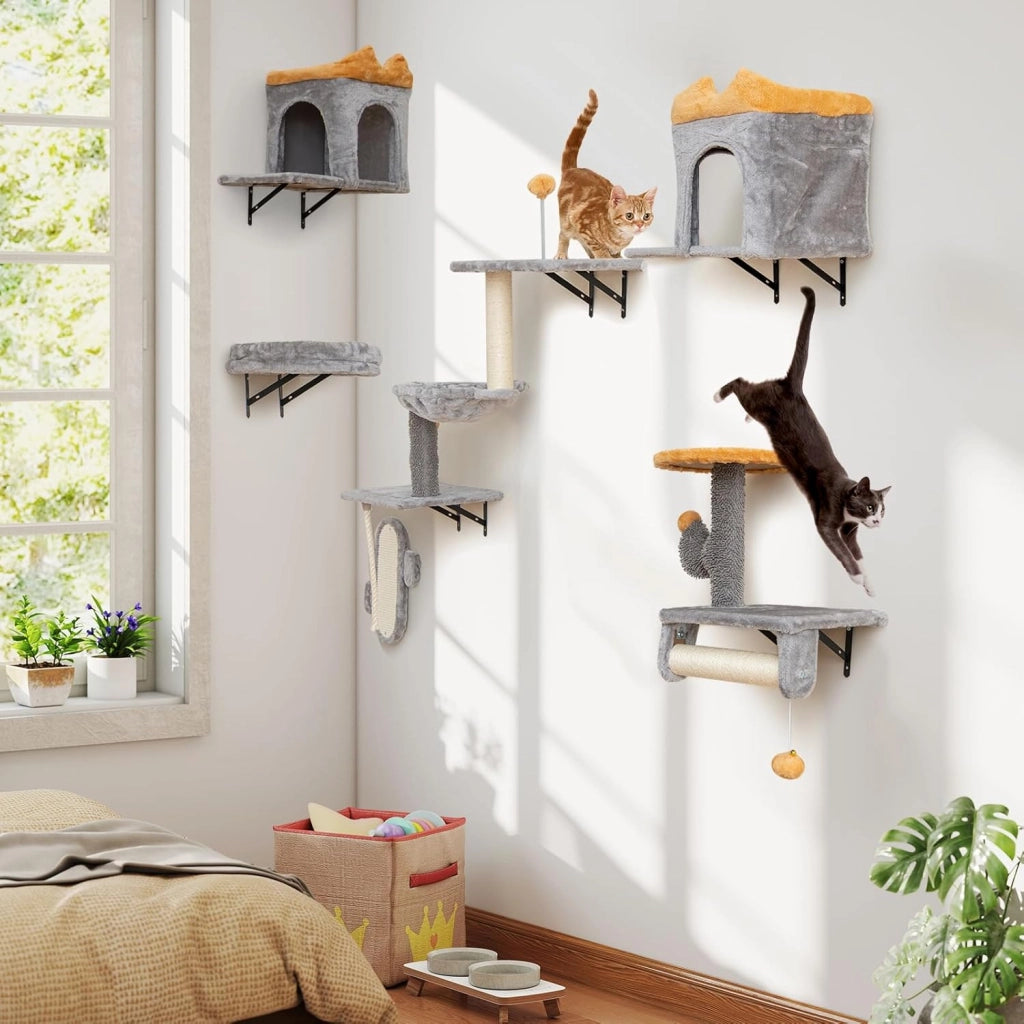 Set Albero per Gatti da Parete, Set Albero Tiragraffi Salvaspazio con Piattaforme, 2 Comode Cuccie, 1 Letto Comodo e 1 Tavola Graffio, Centro Attività per Gattini per Soggiorno