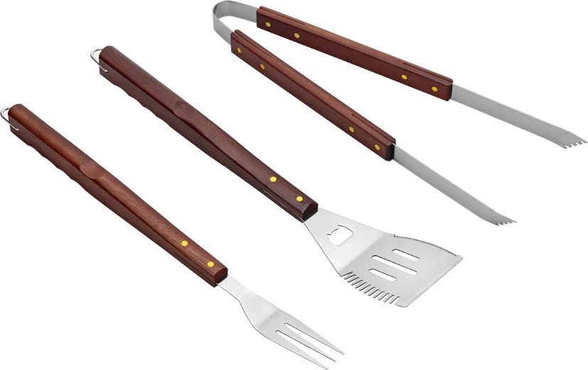 Set 3 Accessori Utensili per Barbecue in Acciaio con Manico in Legno Uniflame