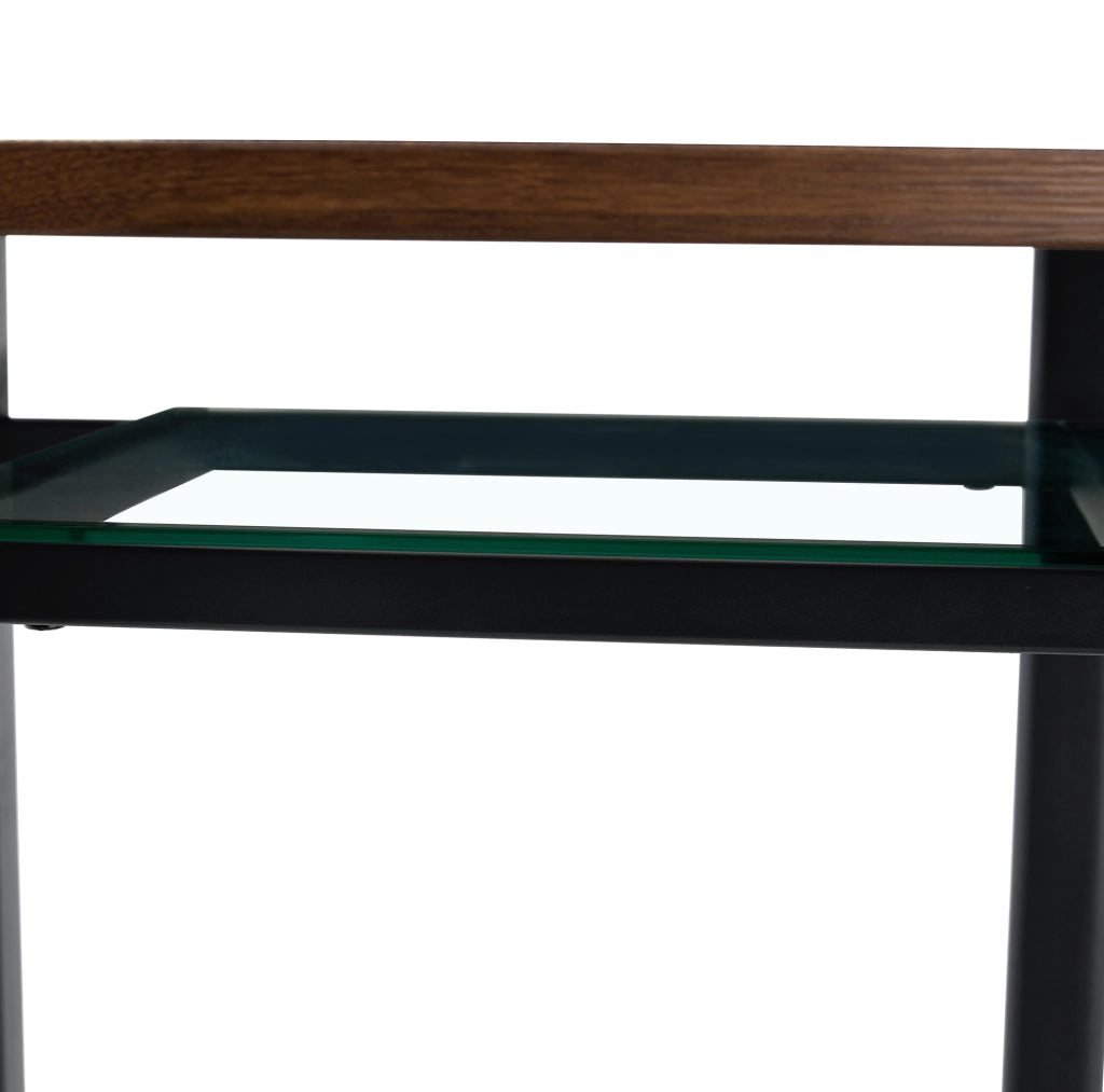 Tavolo rotondo 100 cm in MDF con inserto in vetro e struttura in metallo; marrone/nero
