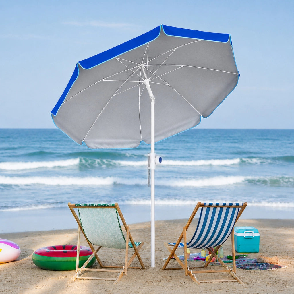 Ombrellone Mare Maxi 220 cm con Protezione UV, Palo a Vite e Inclinazione Regolabile, Parasole da Spiaggia con Presa d'Aria Antivento, Stecche Resistenti e Custodia Trasporto Blu