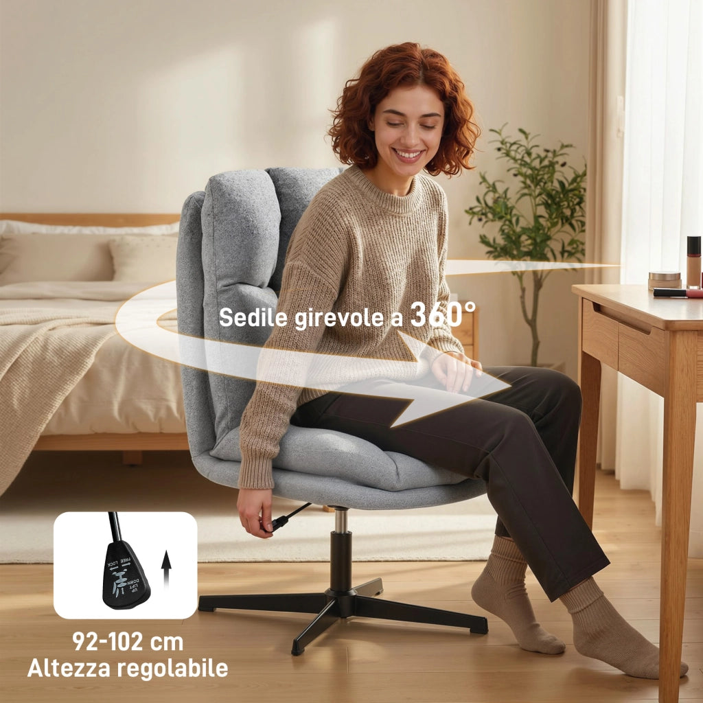 Sedia Girevole da Soggiorno ¨C Xylo ¨C Tessuto Effetto Lino Grigio Chiaro, Metallo, 63x75x92-102 cm