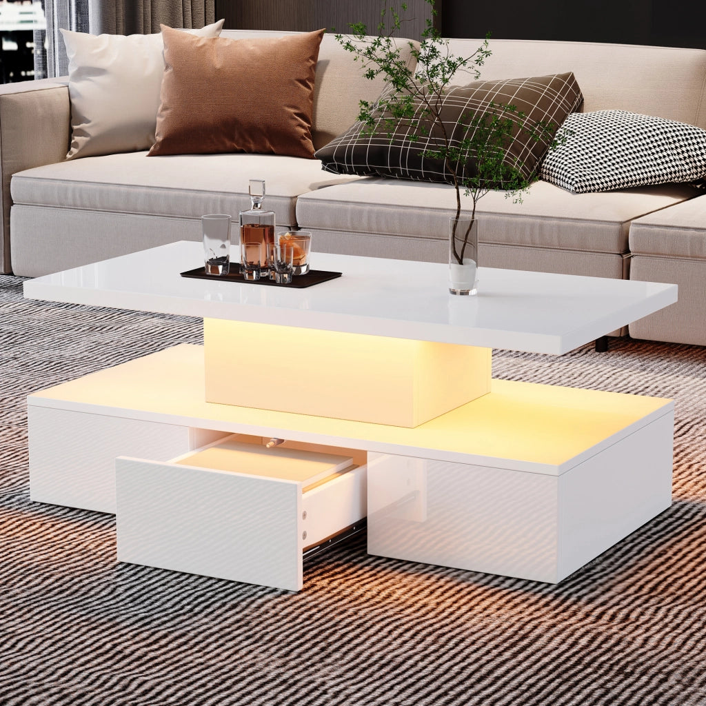 Tavolino da caffè bianco LED con cassetto, 100x50x39 cm