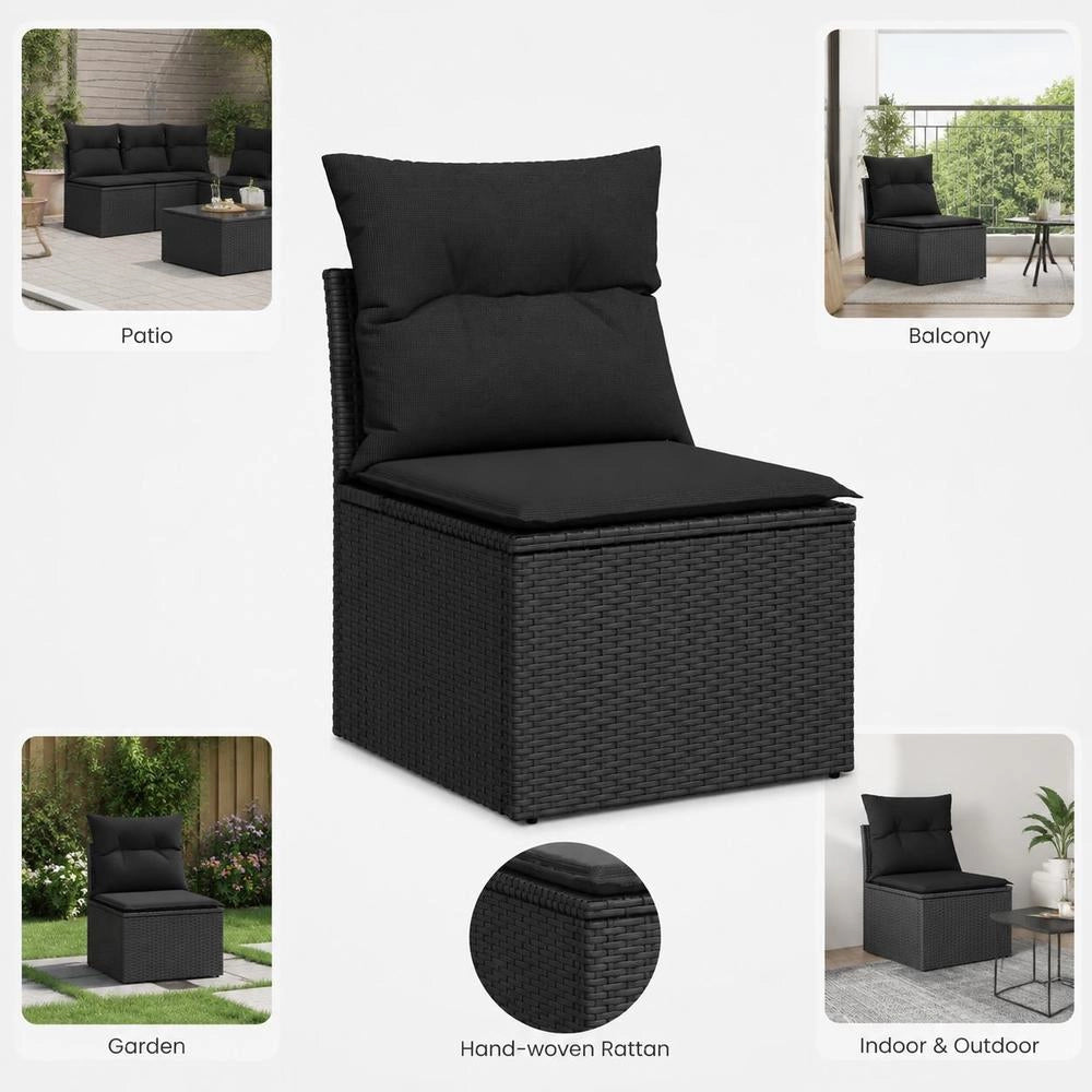 Garden Chair Without Armrests With Cushion, Black Poly Rattan