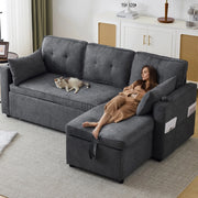 Divano letto con chaise longue reversibile; contenitore e portabicchieri in cotone e lino grigio
