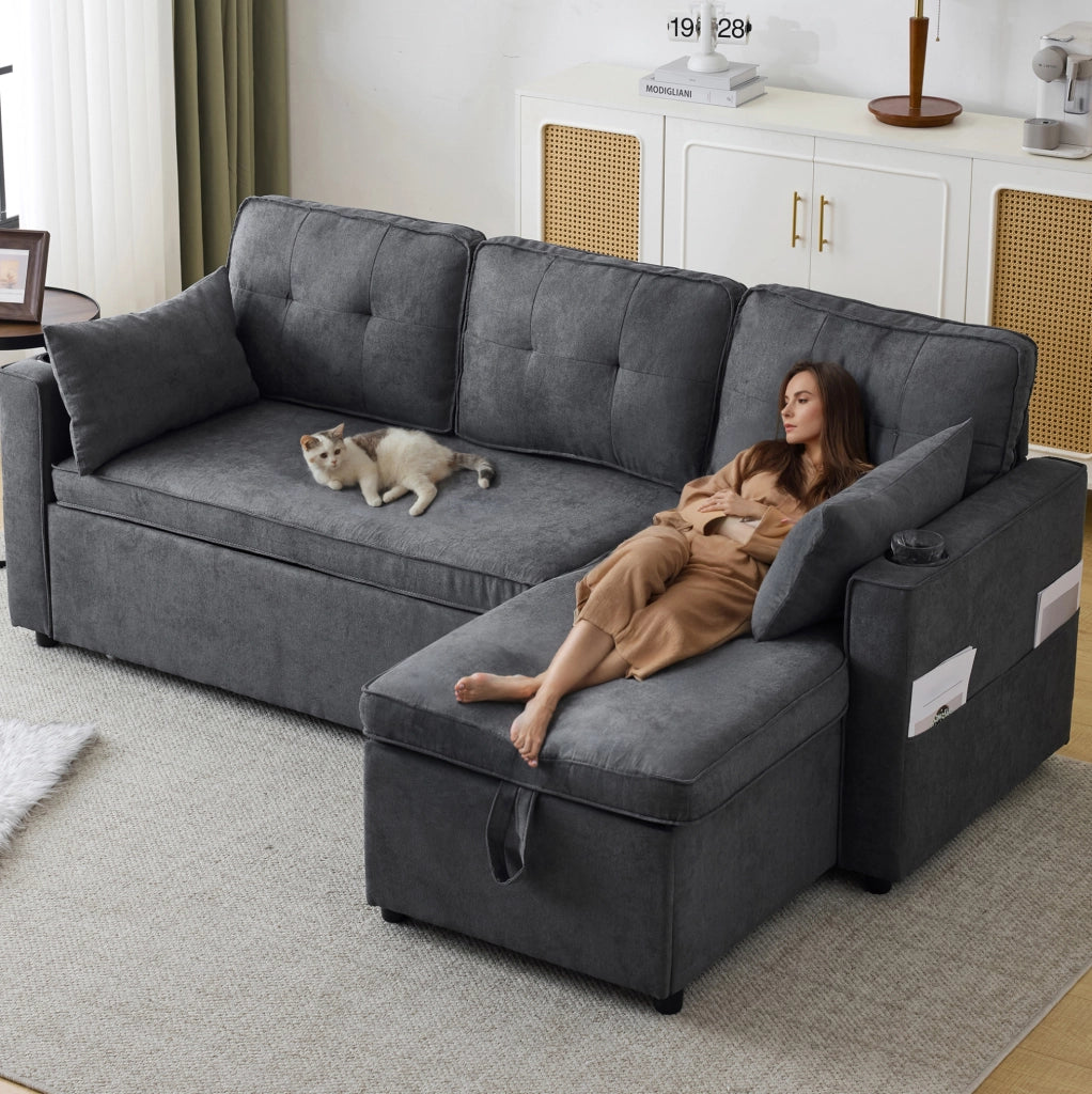 Divano letto con chaise longue reversibile; contenitore e portabicchieri in cotone e lino grigio