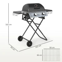 Barbecue a Gas Portatile con 2 Bruciatori e 2 Tavolini, Coperchio con Termometro e Ruote, Nero