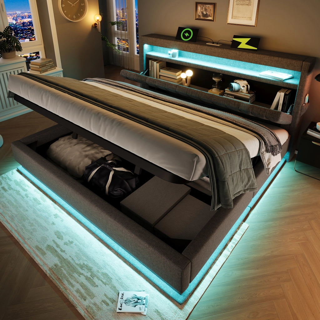 LETTO 160x200 cm in lino grigio con materasso incluso, LED e USB