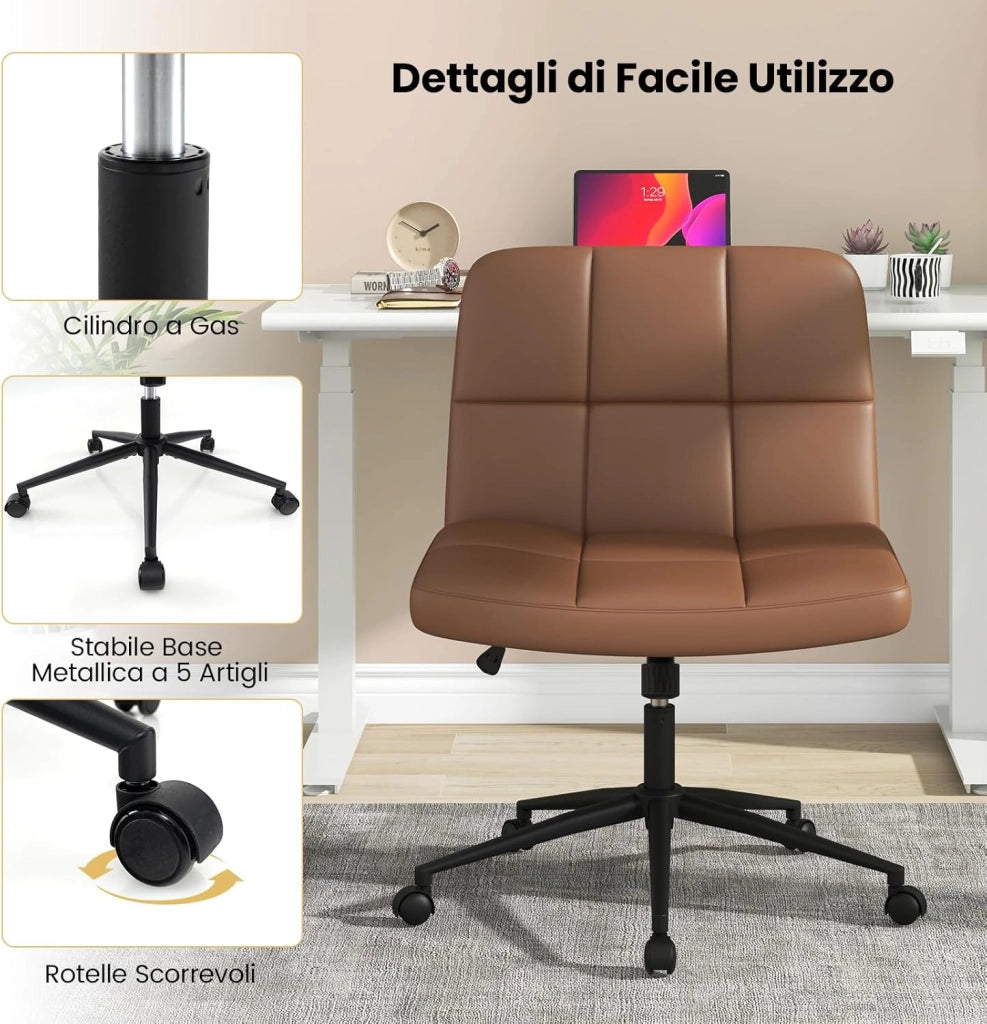 Sedia da Ufficio con Ruote, Sedia Scrivania a Gambe Incrociate Rivestita in Similpelle, Sedia Ufficio con Altezza e Regolabile Regolabile, Sedia senza Braccioli, Portata 150 kg (Marrone)