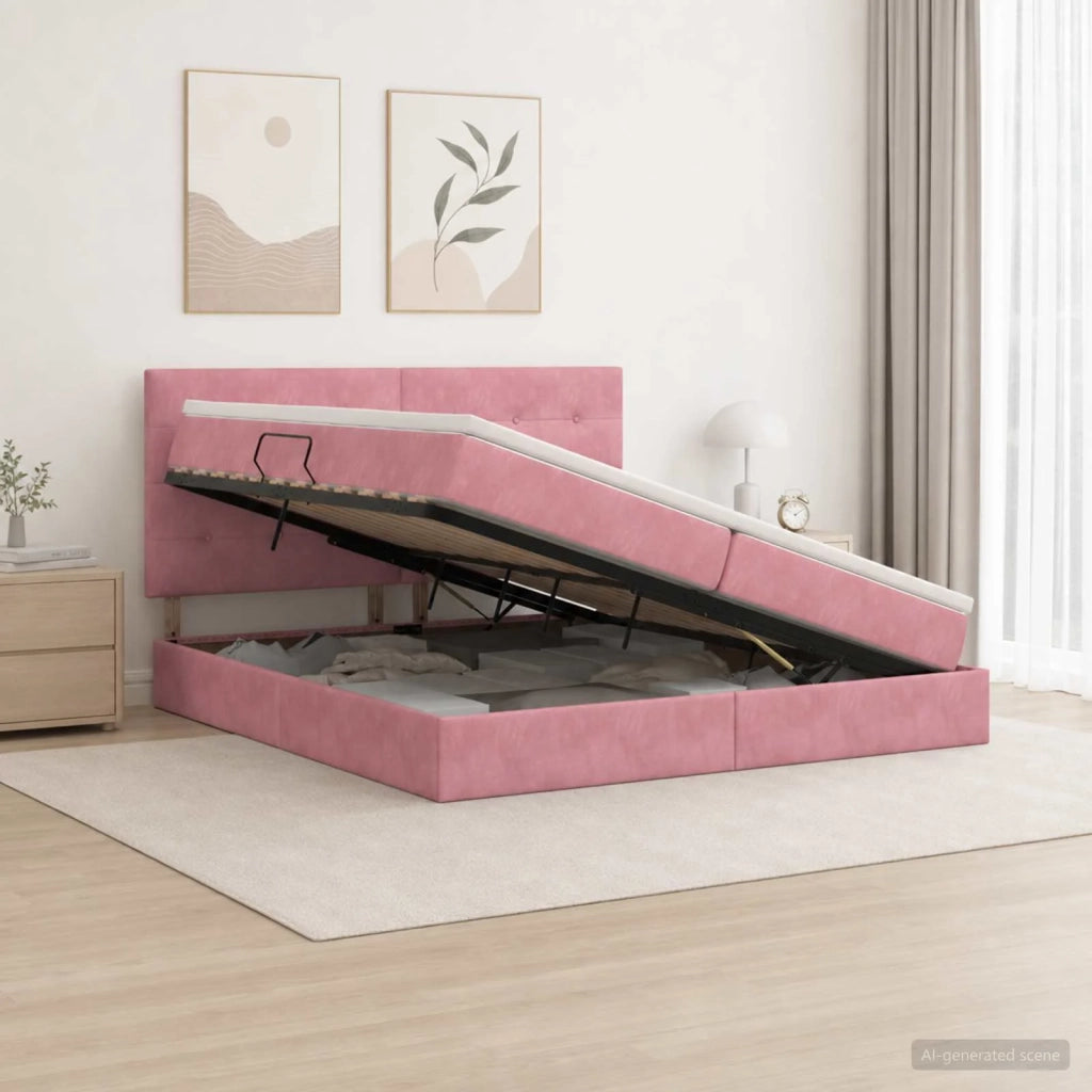 Letto con contenitore LED e materasso Rosa 200 x 200 cm Velluto 3460157