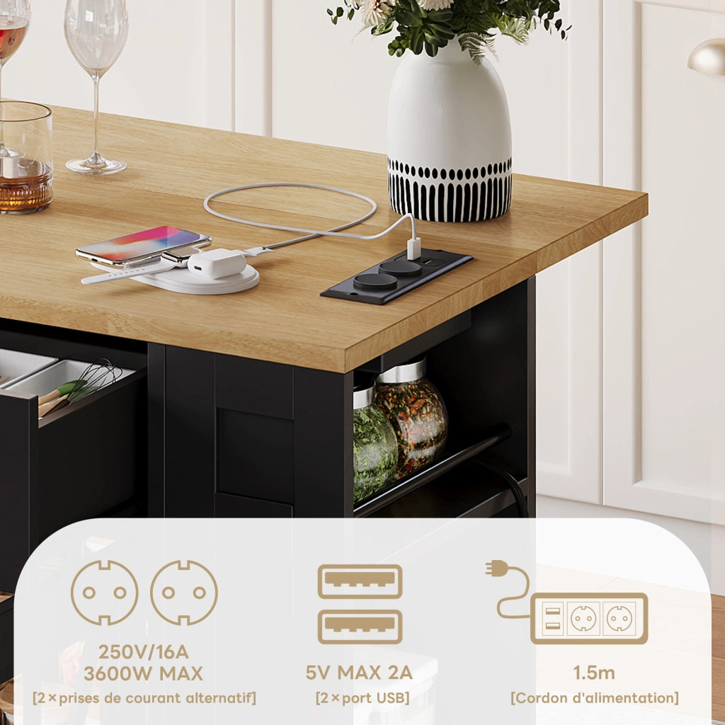 Carrello da Cucina con 2 Ante in Vetro; 6 Ripiani Aperti; Tavolo Ribaltabile; Prese AC e USB; 120x40x92 cm