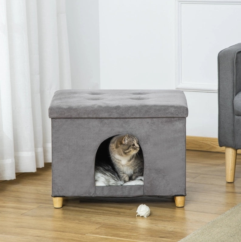 Pouf per gatti 2 in 1 con cuccia imbottita grigia