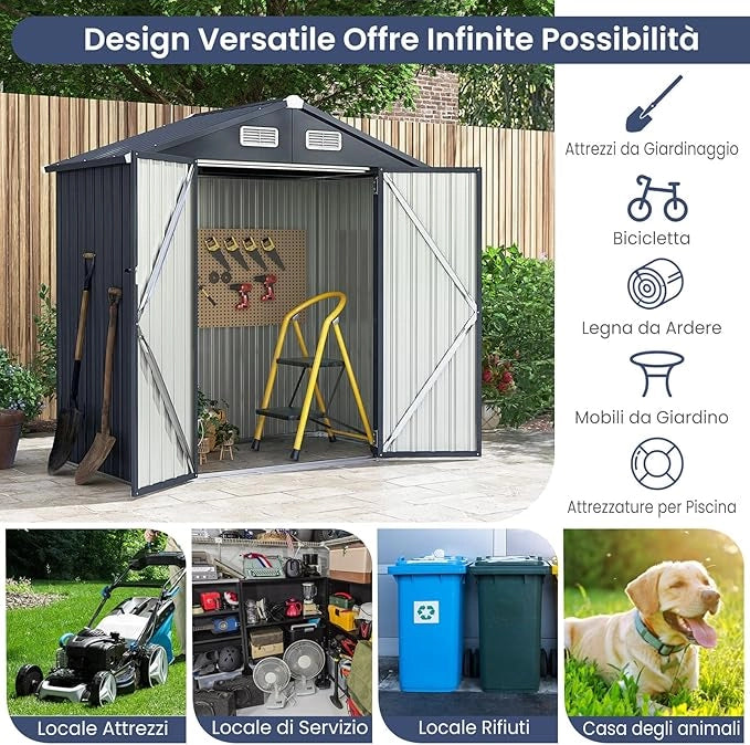 Capanno da Giardino 193 x 108 cm, in Metallo Zincato con 4 Prese d'Aria e Porte Bloccabili, Impermeabile e Resistente al Vento, Casetta da Esterno Porta Utensili per Cortile e Fattoria