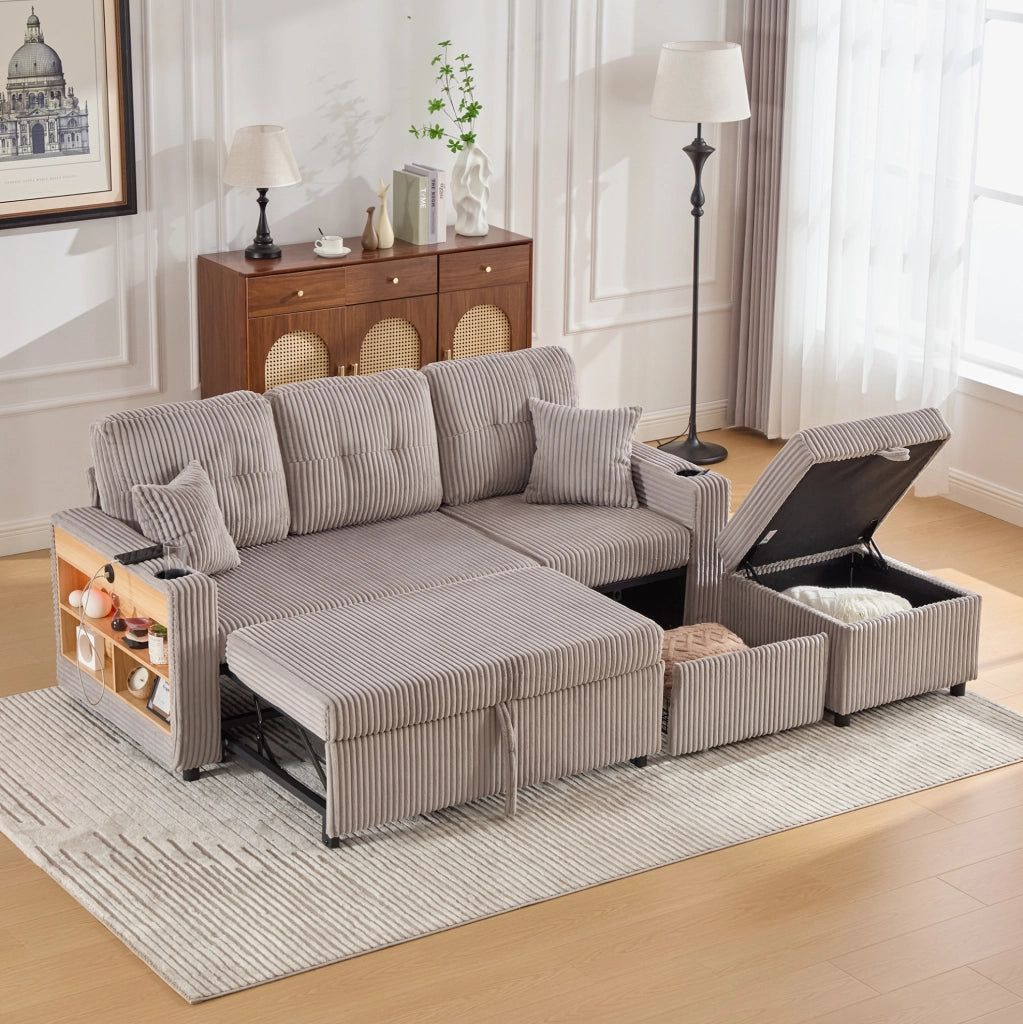Divano letto estraibile con contenitore; USB-C e LED 196x82/144x85 cm in velluto a coste grigio chiaro