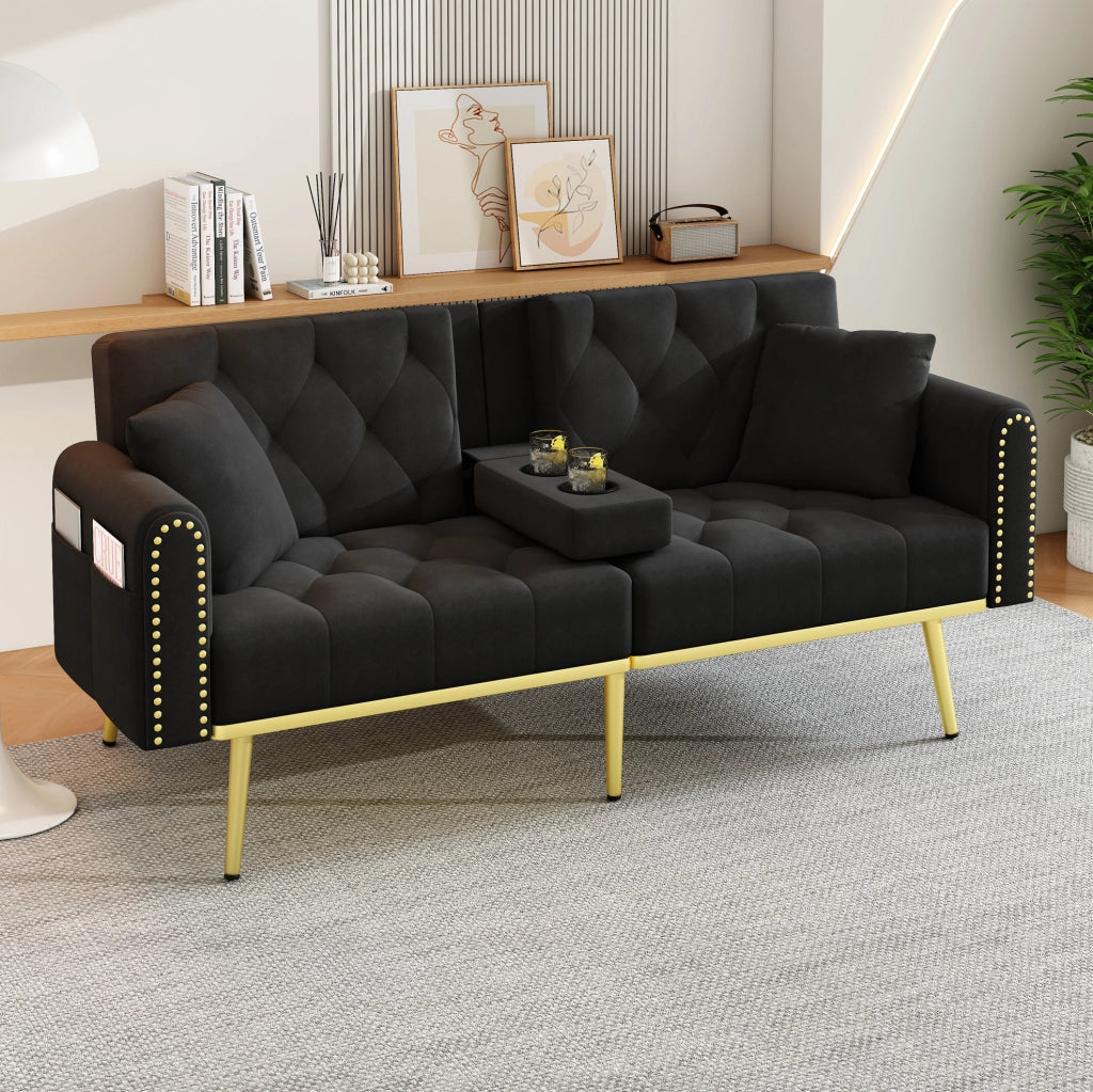 Divano letto 2 posti 175x80x73.5 cm con schienale regolabile e portabicchieri in velluto nero