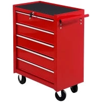 Carrello Porta Utensili con 5 Cassetti, Serratura, 2 Chiavi e Manubrio Parete Smontabile 2 Ruote con Freno in Lamiera d'Acciaio EVA Rosso 67,5x33x77cm