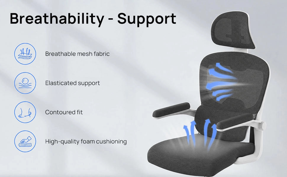 Sedia da ufficio ergonomica - Poltroncina HAMLODY - con braccioli pieghevoli a 90° - Supporto lombare - Regolabile in altezza Bianco