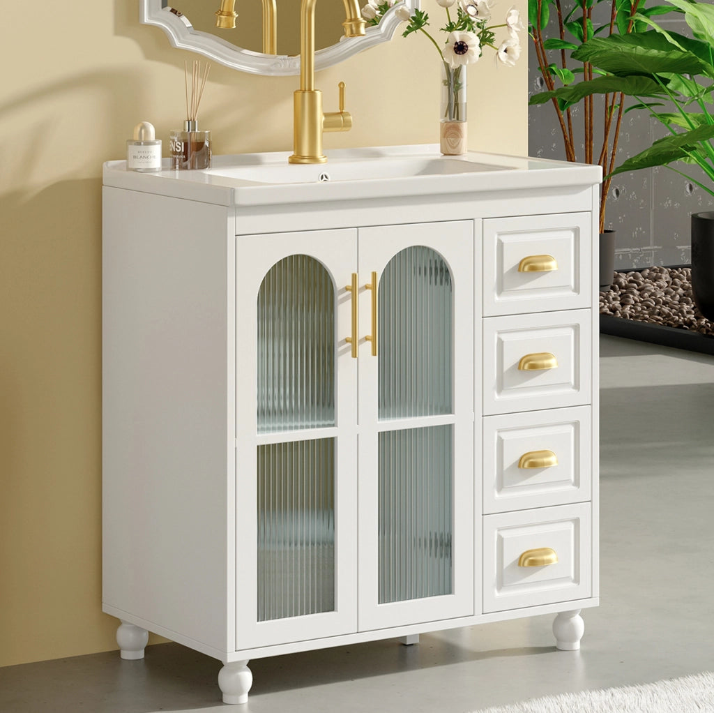Mobile bagno con lavabo 80 cm, 2 ante, 3 cassetti, MDF, bianco