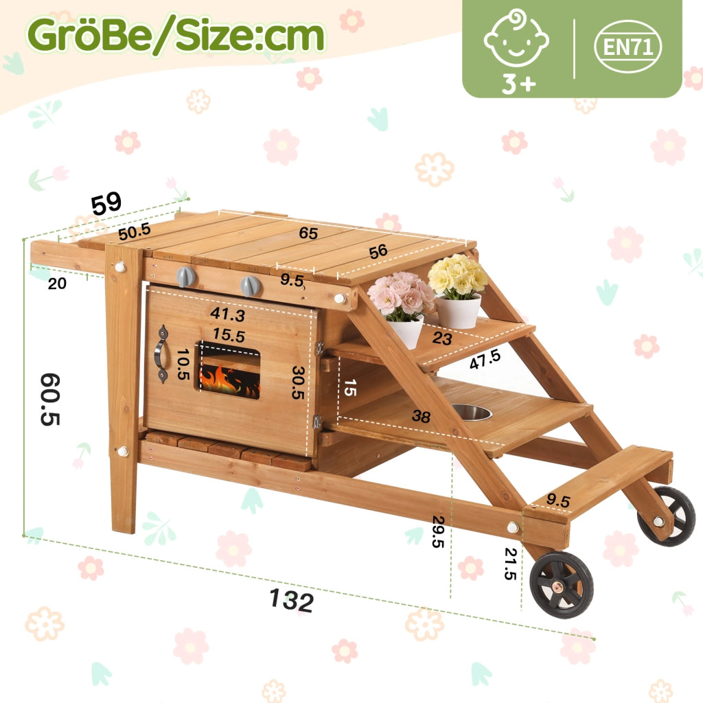 Cucina da gioco da esterno in legno naturale con ruote, forno magnetico e accessori per bambini da 3 anni