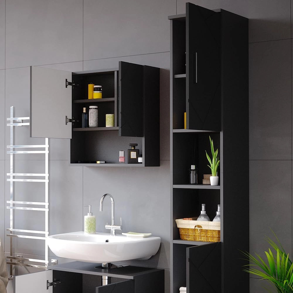 Mobile bagno alto Irma, Antracite lucido, 30 x 192 cm, per la conservazione di accessori da bagno e compatibile con la serie Irma