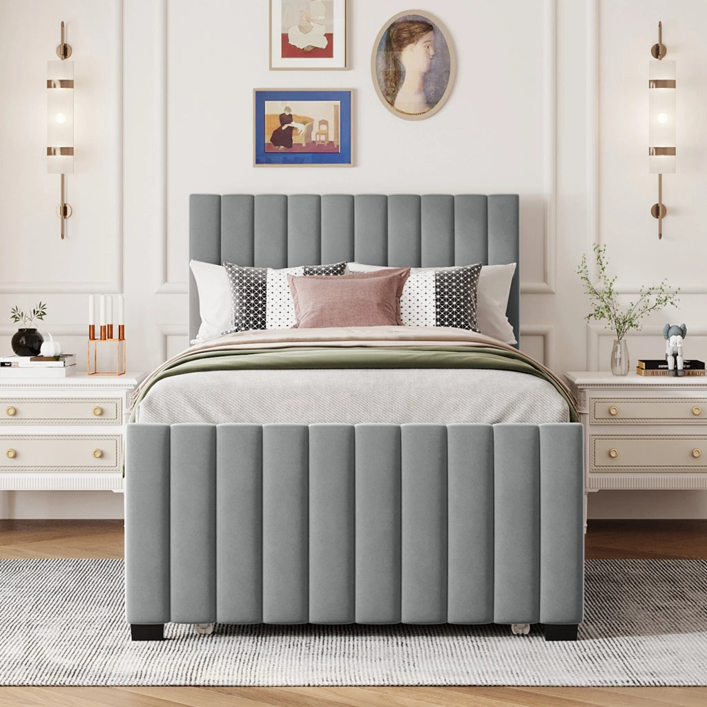 OKWISH Letto estraibile 90×190 cm, Letto Singolo con Testiera Imbottita e Letto a Scomparsa, senza Materasso, in Velluto, Grigio