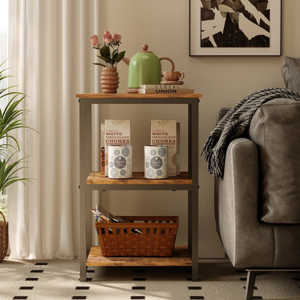Comodino rustico marrone a livello laterale per soggiorno con struttura in metallo stile loft