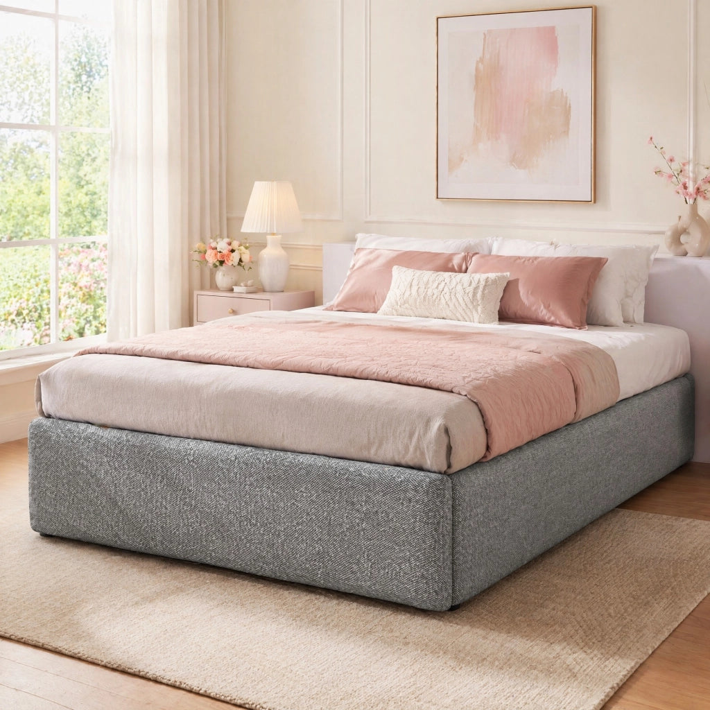Letto imbottito 90x200 cm con contenitore e cassetto, grigio