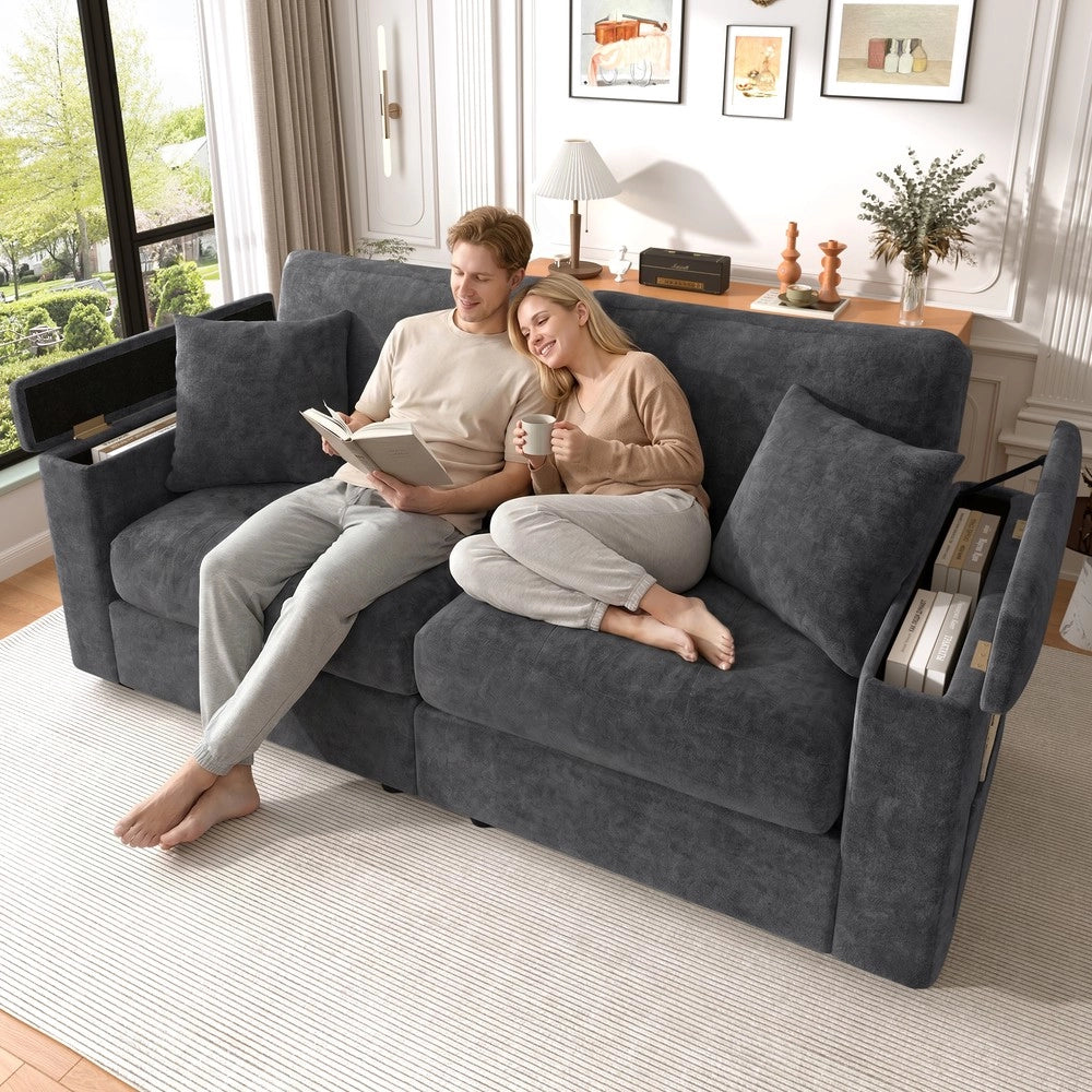 Divano 2 posti contenitore ¨C Minimal ¨C grigio scuro tessuto imbottito con cuscini 180cm