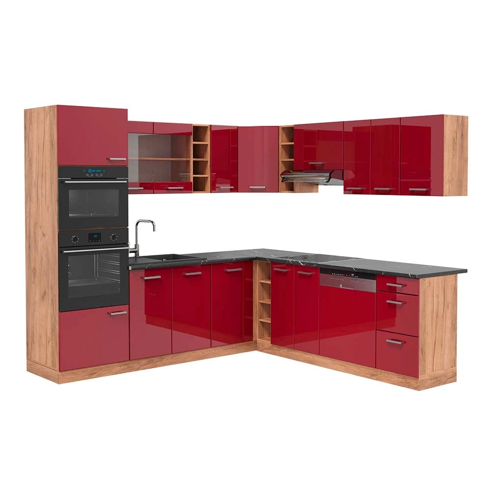 Cucina angolare completa R-Line Rosso lucido/Rovere dorato 247 x 237 cm, PL Antracite Vicco
