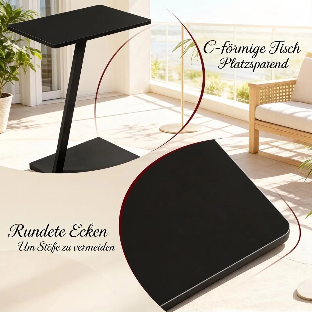 Tavolino basso a C con piano in MDF e struttura in metallo, nero, per soggiorno e camera da letto, 48 × 64,5 × 33 cm