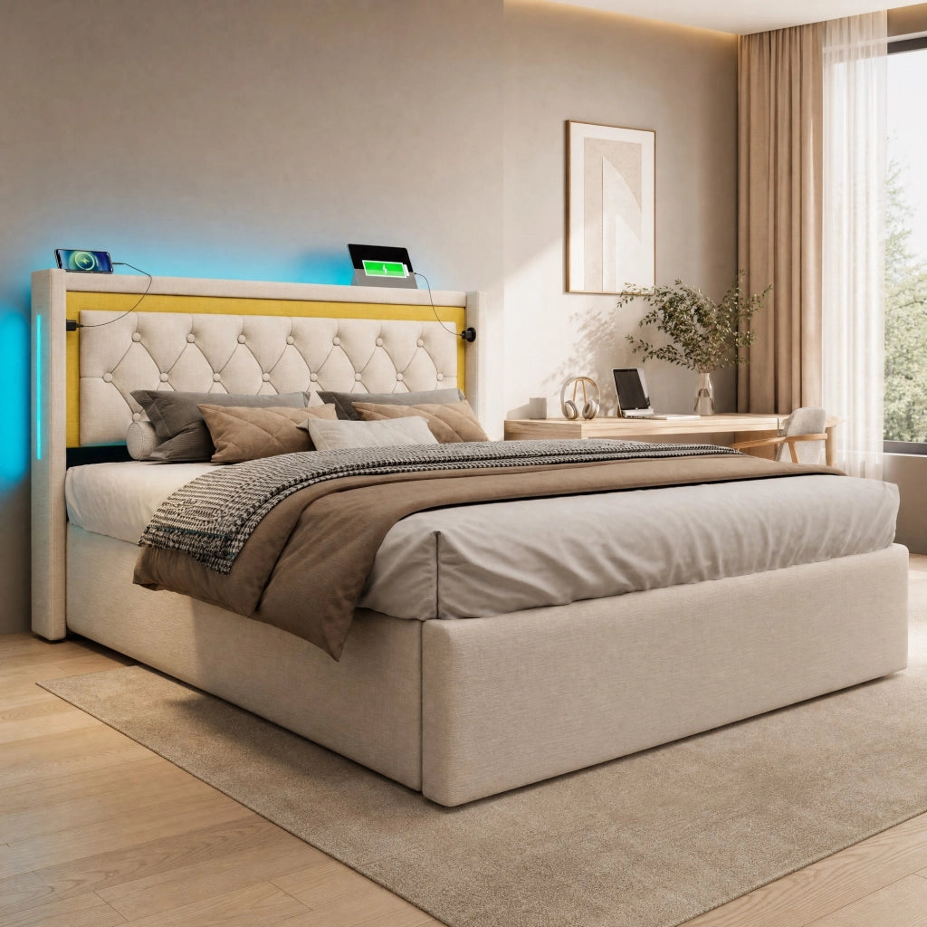 LETTO LED 140x200 cm Beige in cotone con USB e Type-C, contenitore e rete a doghe