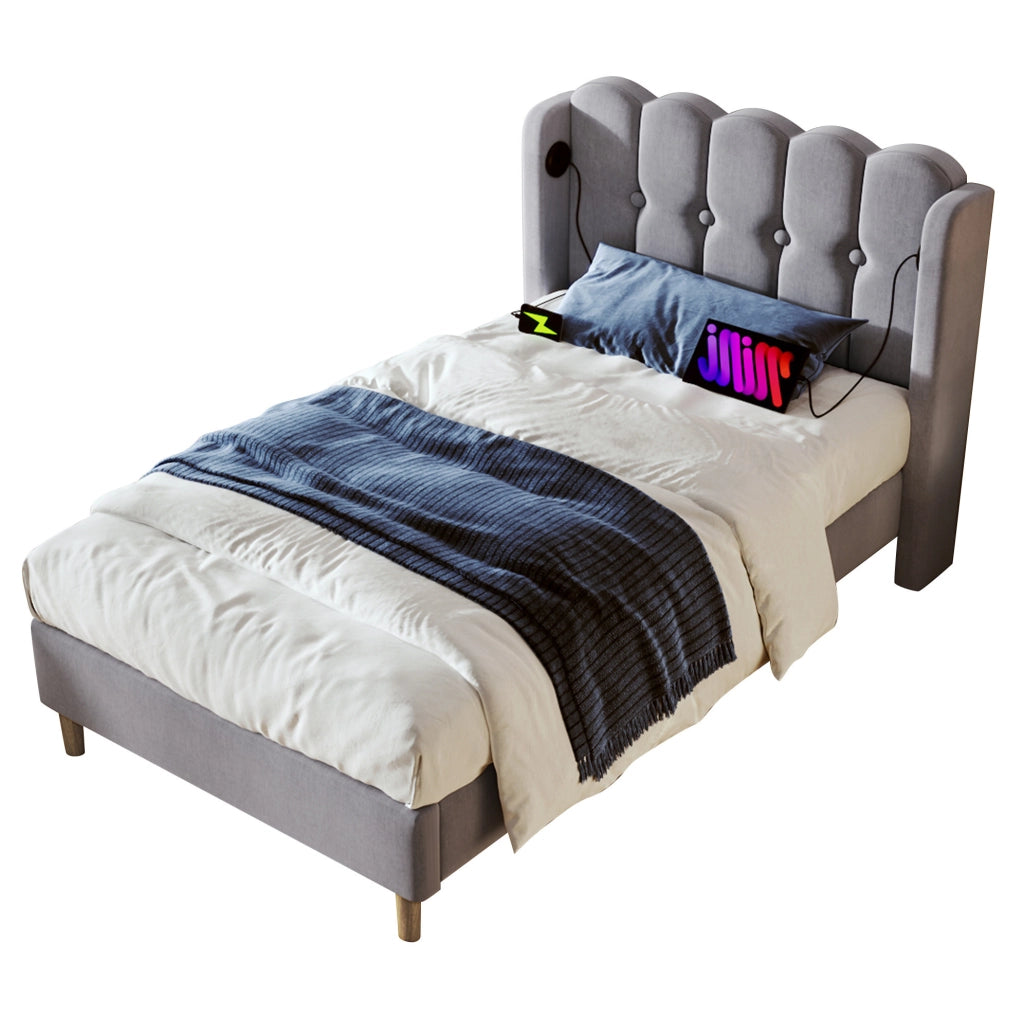 Letto imbottito 90x200 cm con ricarica USB e Type C; lino; grigio (Senza materasso)