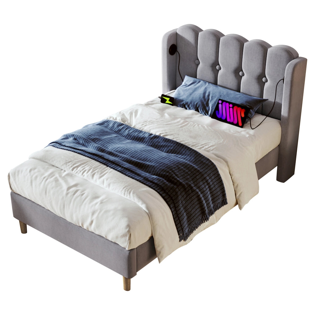 Letto imbottito 90x200 cm con ricarica USB e Type C; lino; grigio (Senza materasso)