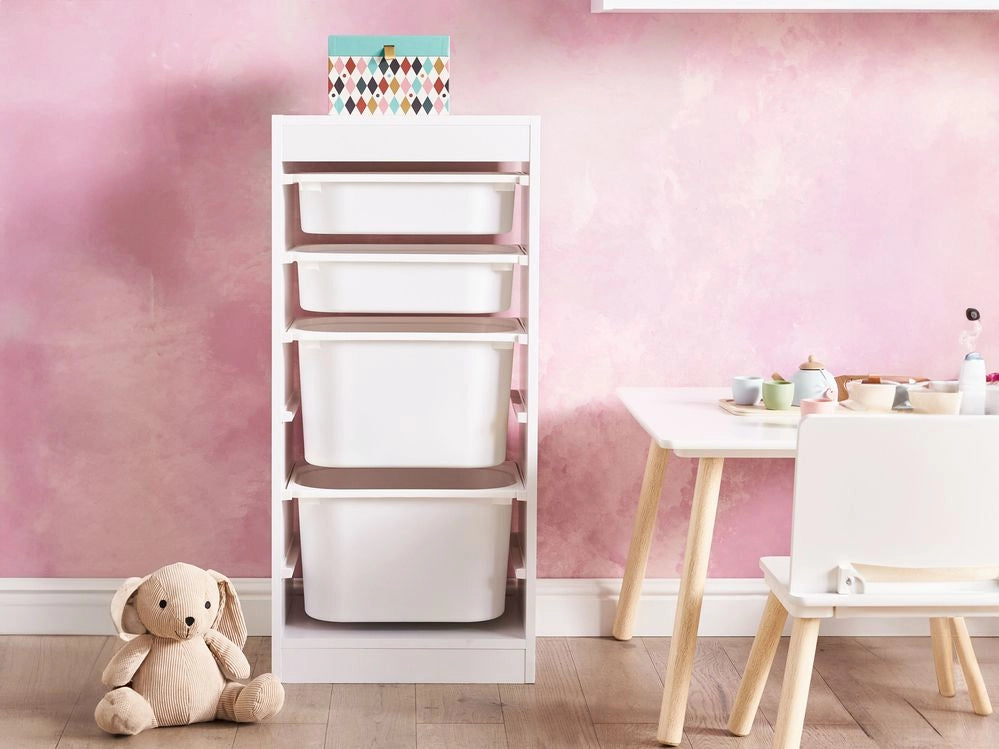 Scaffale a muro unico con 4 cassetti Scatole Camera dei bambini Particle Board Plastica Bianco