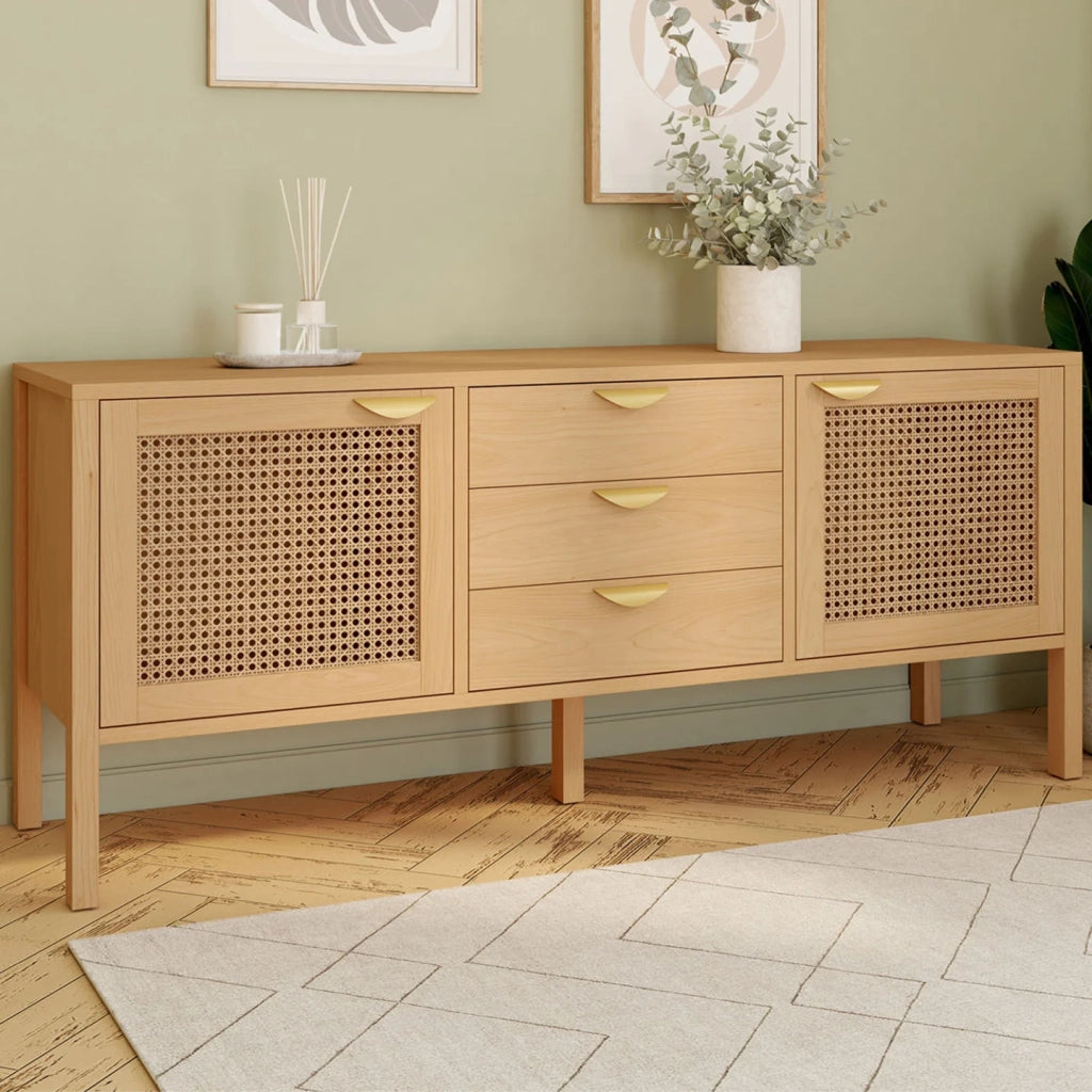 IDMarket - Credenza bassa EDHEN 140 cm, 2 ante e 3 cassetti, legno e vimini