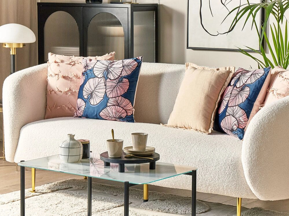 Set di 2 cuscini decorativi velluto blu rosa 45 x 45 cm stampa foglia accessori decoro glamour