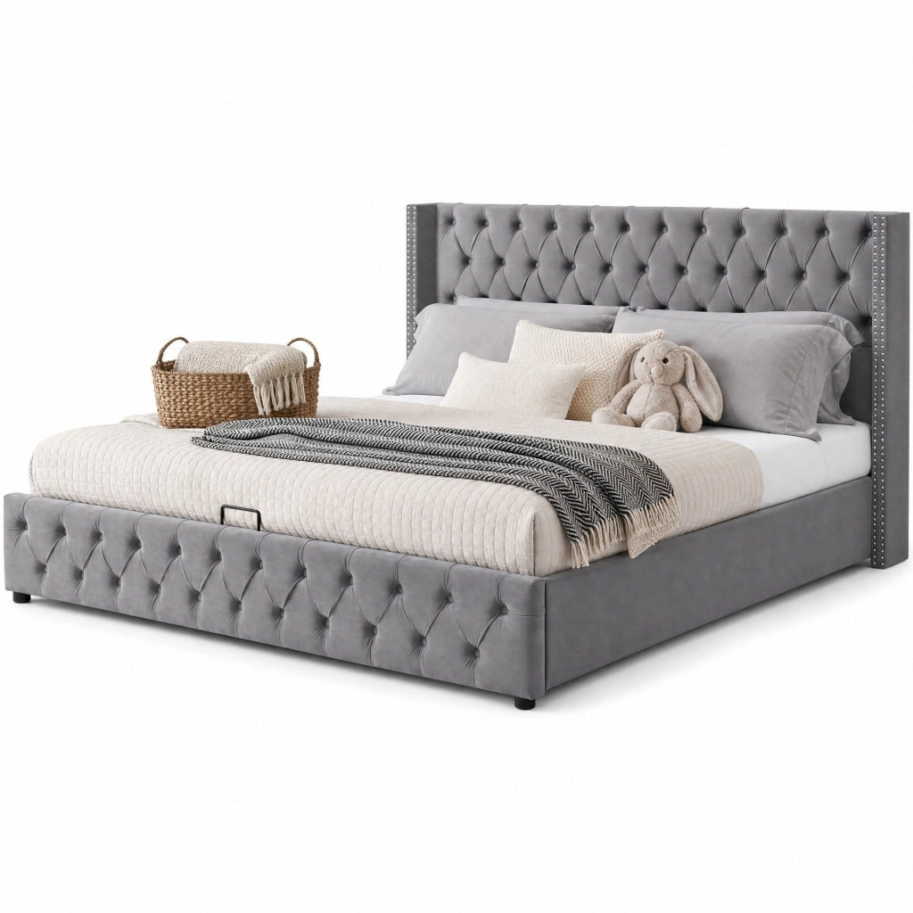 Letto matrimoniale 140x190 Chesterfield in velluto grigio con contenitore e rete a doghe, senza materasso