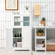 Armadietto del Bagno con 4 Ante, Armadietto con Ante di Vetro, Credenza di Legno con Mensole Regolabili, Organizer Multiuso per Casa Corridoio Salone Ufficio (Bianco)