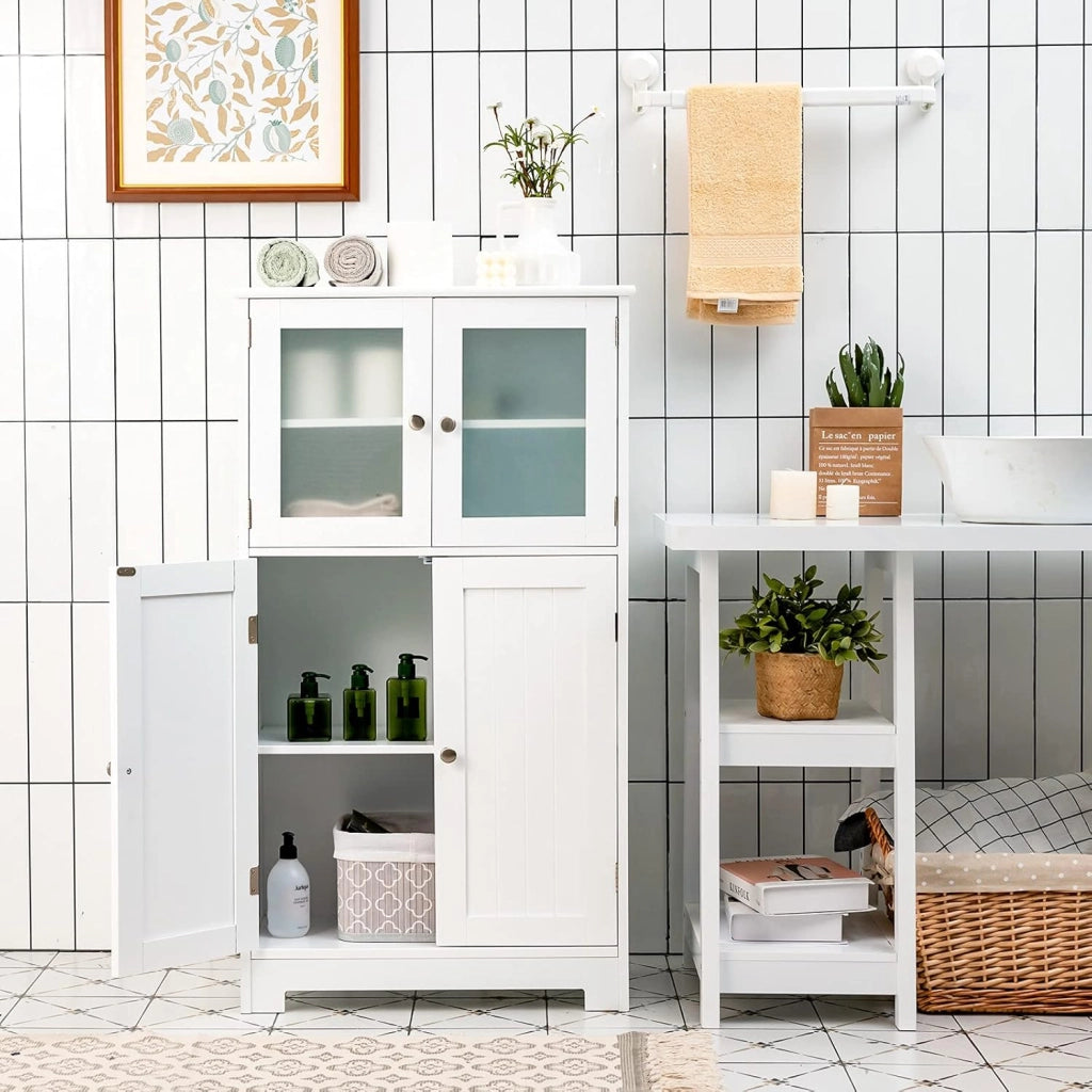 Armadietto del Bagno con 4 Ante, Armadietto con Ante di Vetro, Credenza di Legno con Mensole Regolabili, Organizer Multiuso per Casa Corridoio Salone Ufficio (Bianco)