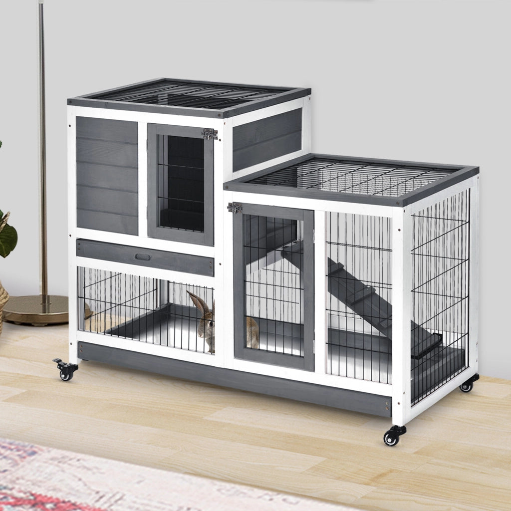 Gabbia per Conigli con Vassoi e Casetta ¨C Minimal ¨C 110x50x88 cm Grigio Bianco
